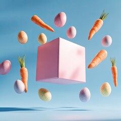 Easter theme pink cube amidst floating eggs and carrots, blue backdrop & soft shadows