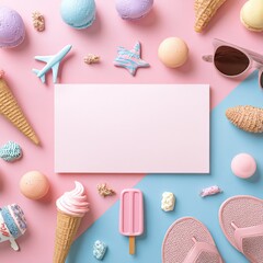 Pastel summer themed flat lay on pink and blue