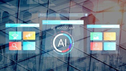 Futuristic AI Assistant Interface on a Transparent Screen with Business Silhouettes in a Modern Office Setting Gluon.