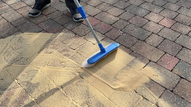 Woman brushes sand between paving blocks to maintain a pathway, England