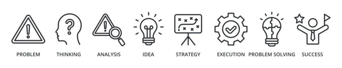 Solution banner icon problem, thinking, analysis, idea, strategy, execution, problem solving, success © ragilicon