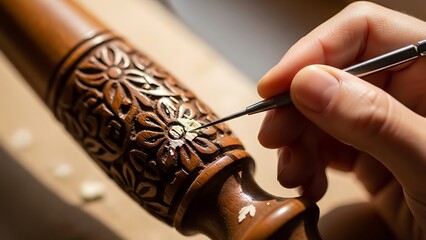 Restoring antique wood carving with precision instrument for artisan hobby