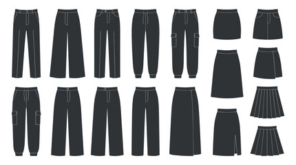 Large collection of women's clothing silhouettes including various styles of trousers, pants, and skirts shown as flat technical fashion drawings in a dark grey color