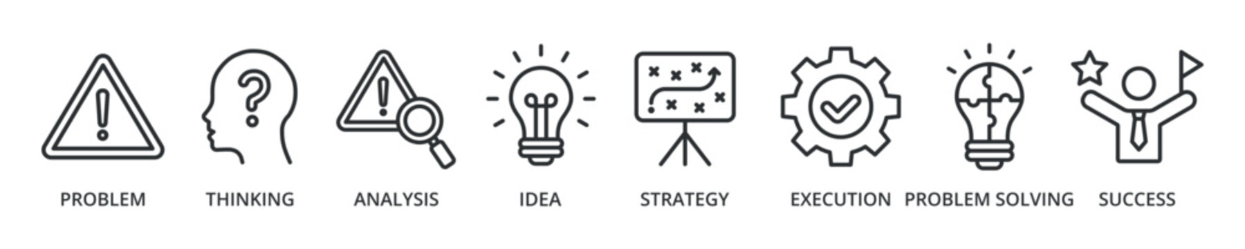 Solution banner icon problem, thinking, analysis, idea, strategy, execution, problem solving, success