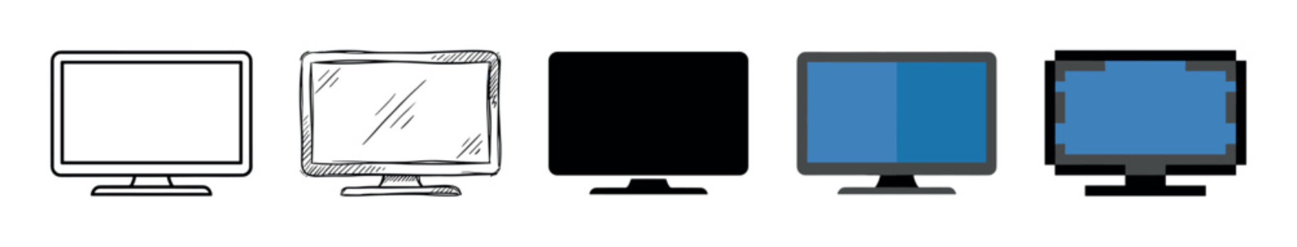 Set of five computer monitor icons showing different artistic styles including line art, hand-drawn sketch, silhouette, flat design, and pixel art for graphic design projects