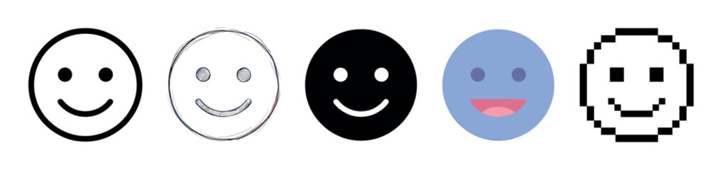 Fototapeta premium Collection of five happy face icons in a horizontal line showcases diverse graphic styles like simple vector, hand-drawn doodle, solid silhouette, color flat, and 8-bit pixel art