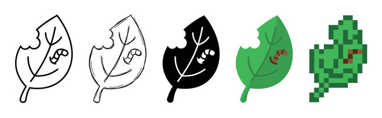 Set of leaf with caterpillar icons in various design styles including line art, sketch, silhouette, flat color, and pixel art, showing a pest damaging a green plant