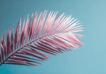 Pink palm frond angled against a light blue gradient background