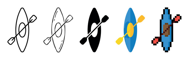 Fototapeta premium Collection of kayak and paddle icons in various design styles including outline, silhouette, flat color, and pixel art, representing water sports and outdoor recreation