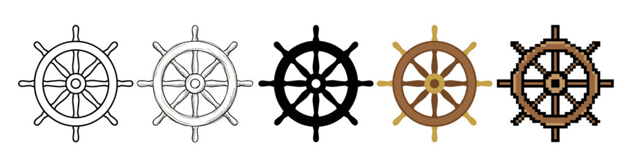 Obraz premium Collection of five ship's wheels illustrated in a variety of styles from simple line art and hand-drawn sketch to a bold silhouette, flat color, and retro pixel art