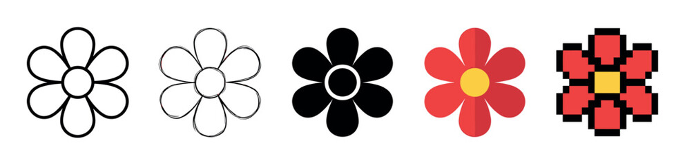 Obraz premium Collection of five flower vector icons in various styles including line art, hand-drawn sketch, black silhouette, colorful flat design, and 8-bit pixel art illustration