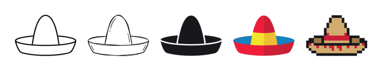 Set of five traditional sombrero hats in various artistic styles including line art, silhouette, flat color, and pixel art illustration for graphic design elements