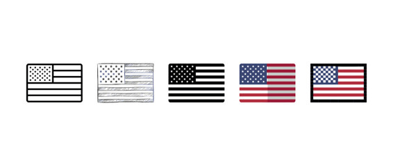 Set of five stylized American flags in various artistic designs, including a line art icon, hand-drawn sketch, monochrome silhouette, flat color, and a pixelated version