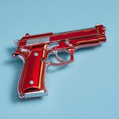 Shiny, chrome-red handgun angled on pale blue surface casting soft shadow