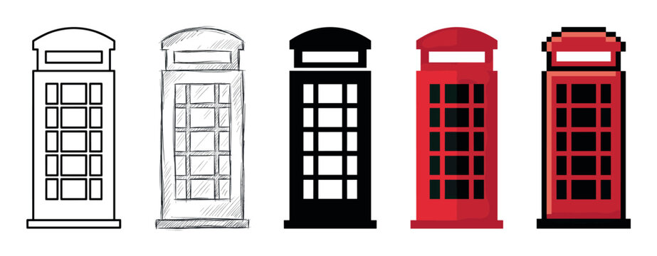 Set of five red telephone booth illustrations in various artistic styles including line art, hand-drawn sketch, solid silhouette, flat design, and pixel art, showing a design evolution