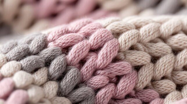 Soft knitted fabric in pastel tones captured with ultra-sharp macro detail The weave pattern is precise thread emphasized