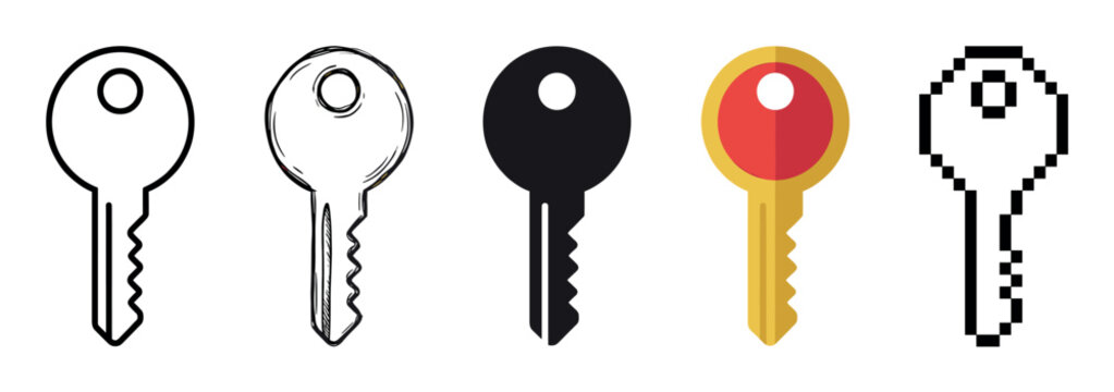 Set of five key icons in various graphic design styles, showcasing line art, a hand-drawn sketch, a solid silhouette, a colorful flat design, and retro pixel art
