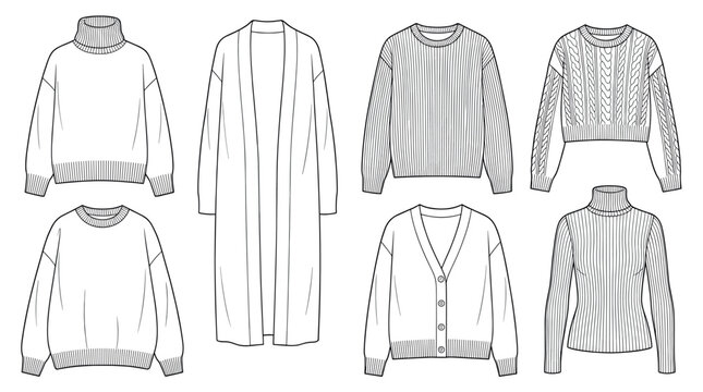 Knitwear fashion technical drawing set showing various sweaters, cardigans, turtlenecks, and pullovers in a clean vector line art illustration style for apparel design