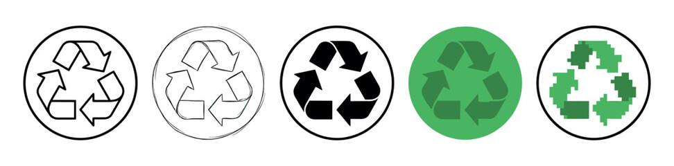 Obraz premium Set of five circular recycling symbol icons in various graphic styles including outline, hand-drawn sketch, solid black, flat green, and pixel art for ecological concepts