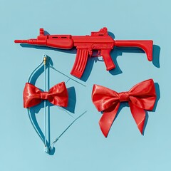 Red rifle, bow/arrow, and bows on blue