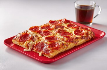 Rectangular pepperoni pizza on a red plate with a glass of dark liquid