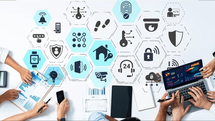 Home security icons show smart home, surveillance, and safety devices. Home security ensures monitoring, home security protection, and smart access. Funnel