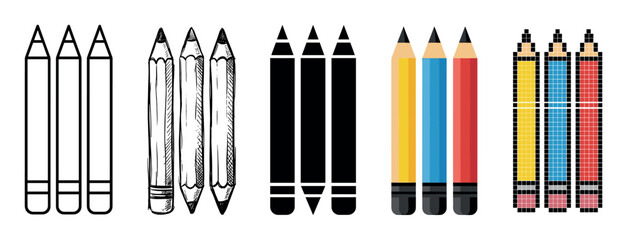 Set of pencil icons showing various graphic design styles from simple outline and sketch to modern flat design and retro pixel art, illustrating a collection of vector elements