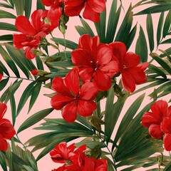 Red flower blooms and verdant fronds in a vibrant, seamless botanical pattern