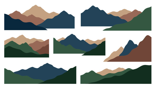 Collection of minimalist mountain range silhouettes in an earthy color palette, featuring layered peaks and hills in a simple, flat vector illustration style for design elements