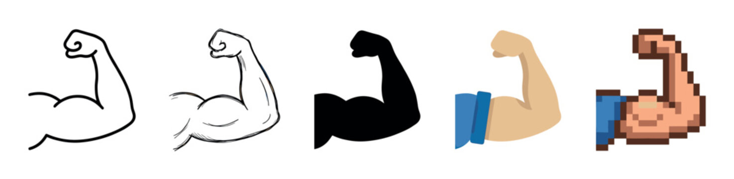 Set of five flexed bicep icons in various artistic styles including line art, sketch, silhouette, flat design, and pixel art, representing strength, fitness, and power