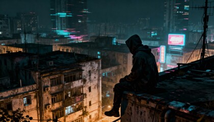Cyberpunk Hacker Background Wallpaper: Lone figure in a hoodie overlooking a neon-lit, futuristic city at night, 3D render, HD, 4K, copy space, modern, high-tech.