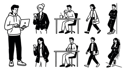 Set of black and white character illustrations showing diverse people in various everyday and professional activities like working, walking, and using gadgets in a simple doodle style