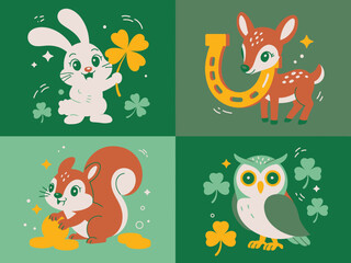 Naklejka premium Adorable cartoon rabbit, deer, squirrel, and owl holding lucky shamrocks and golden horseshoe symbols