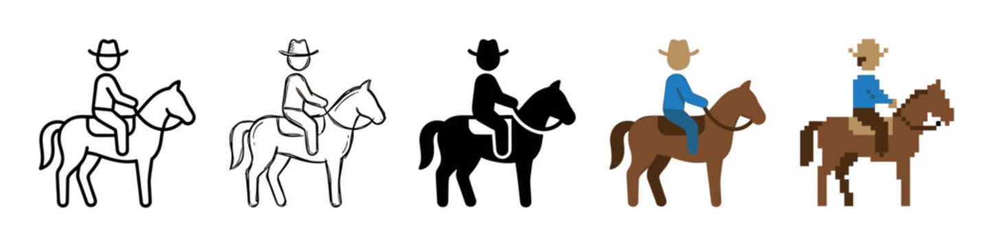 Cowboy riding a horse icon set in various artistic styles including simple line art, silhouette, flat color illustration, and pixel art for graphic design elements