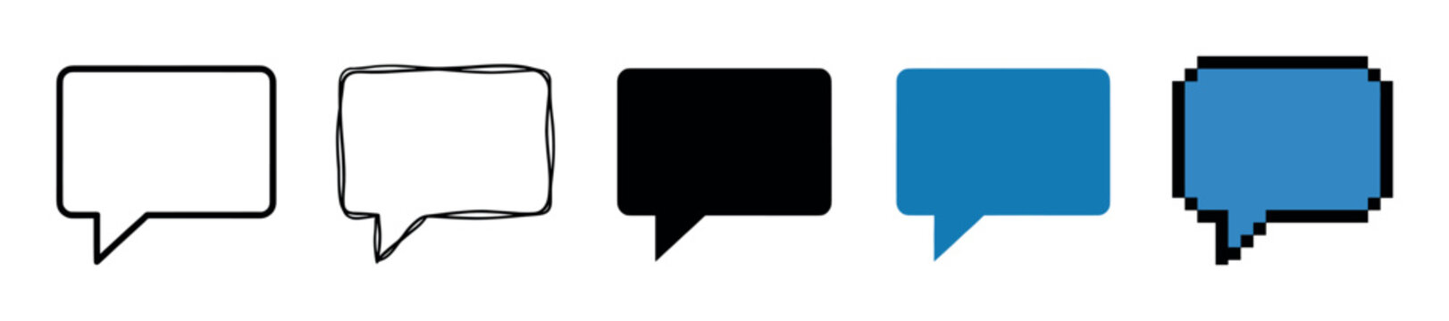 Collection of five speech bubble icons in a row, featuring clean outline, hand-drawn doodle, solid color fill, and a retro 8-bit pixelated design for messaging
