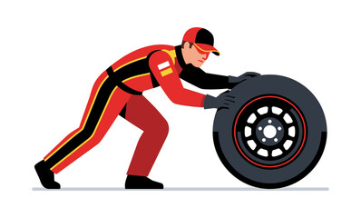 Pit crew man preparing for racing tire change