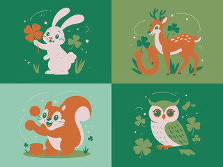 Fototapeta premium Charming cartoon bunny, deer, squirrel, and owl surrounded by shamrocks and lucky elements on green backgrounds