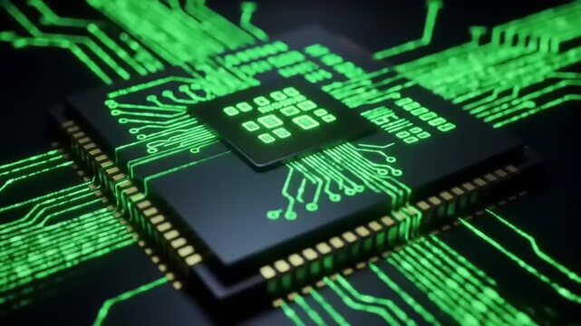 Illuminated computer chip with green circuit board.