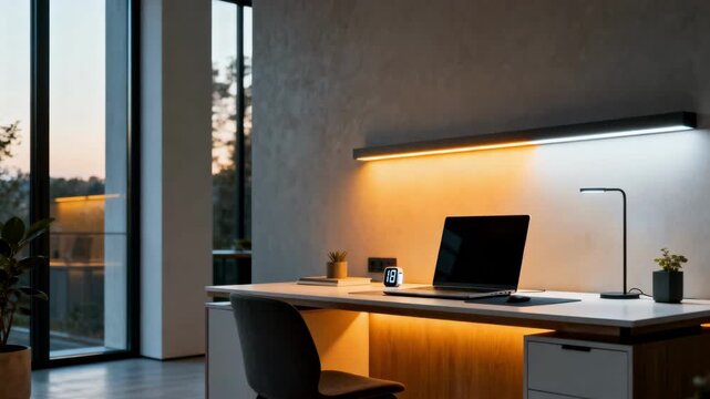 Medium view of smart lighting system adjusting hues to match natural daylight cycles promoting wellness and productivity in a stylish workspace.