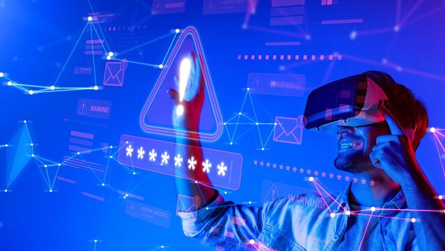 A young man engages with virtual reality technology, wearing a VR headset and exploring a vibrant digital landscape filled with streams of data and warning alerts. Raster - Powered by Adobe