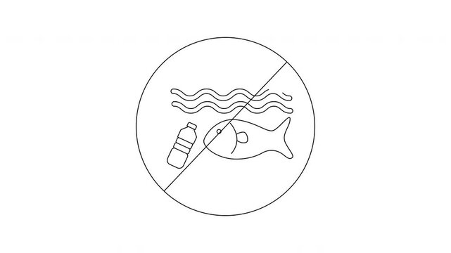 A simple symbol of a plastic bottle  fish in a circle with a slash suggesting a ban on plastic pollution in aquatic habitats