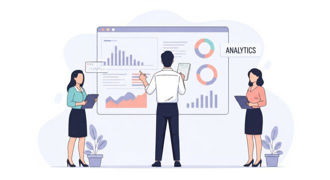 Team of Analysts Presenting Data on Large Dashboard in Office - Powered by Adobe