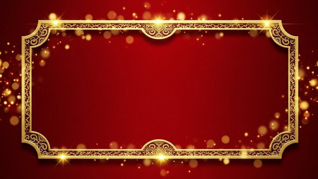 Elegant gold frame on red background with sparkles and glitter