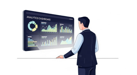 Businessman Analyzing Analytics Dashboard on Large Screen