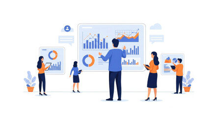 Fototapeta premium Team Presentation Meeting Analyzing Data on Large Wall Screen