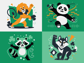 Obraz premium Dynamic stylized animal characters like a lion panda raccoon and wolf in playful poses