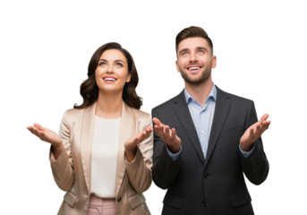 Success and achievement goals motivate an inspired business team of creative partners to look up with hope as they celebrate a startup launch or career promotion during a corporate meeting