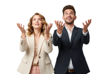 Upward gesture from coworkers with open hands and raised gaze to frame copy space for an announcement, business communication visual for notice text, update headline or callout placement