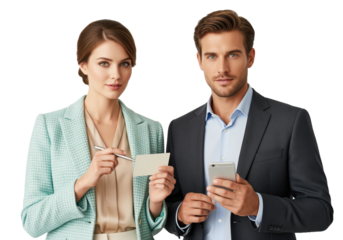 Identity verification and contact details capture as a businesswoman marks a blank card with a pen while a businessman reviews a phone, image for billing approval and service activation