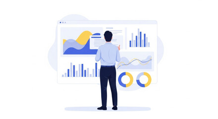 Businessman Analyzing Data Visualizations on Large Screen